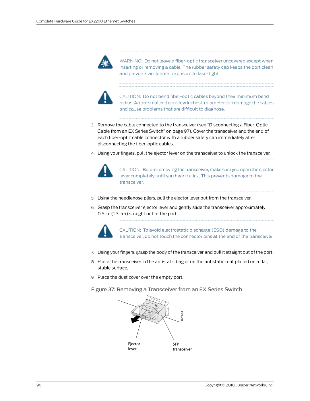 Juniper Networks EX2200 manual Removing a Transceiver from an EX Series Switch 