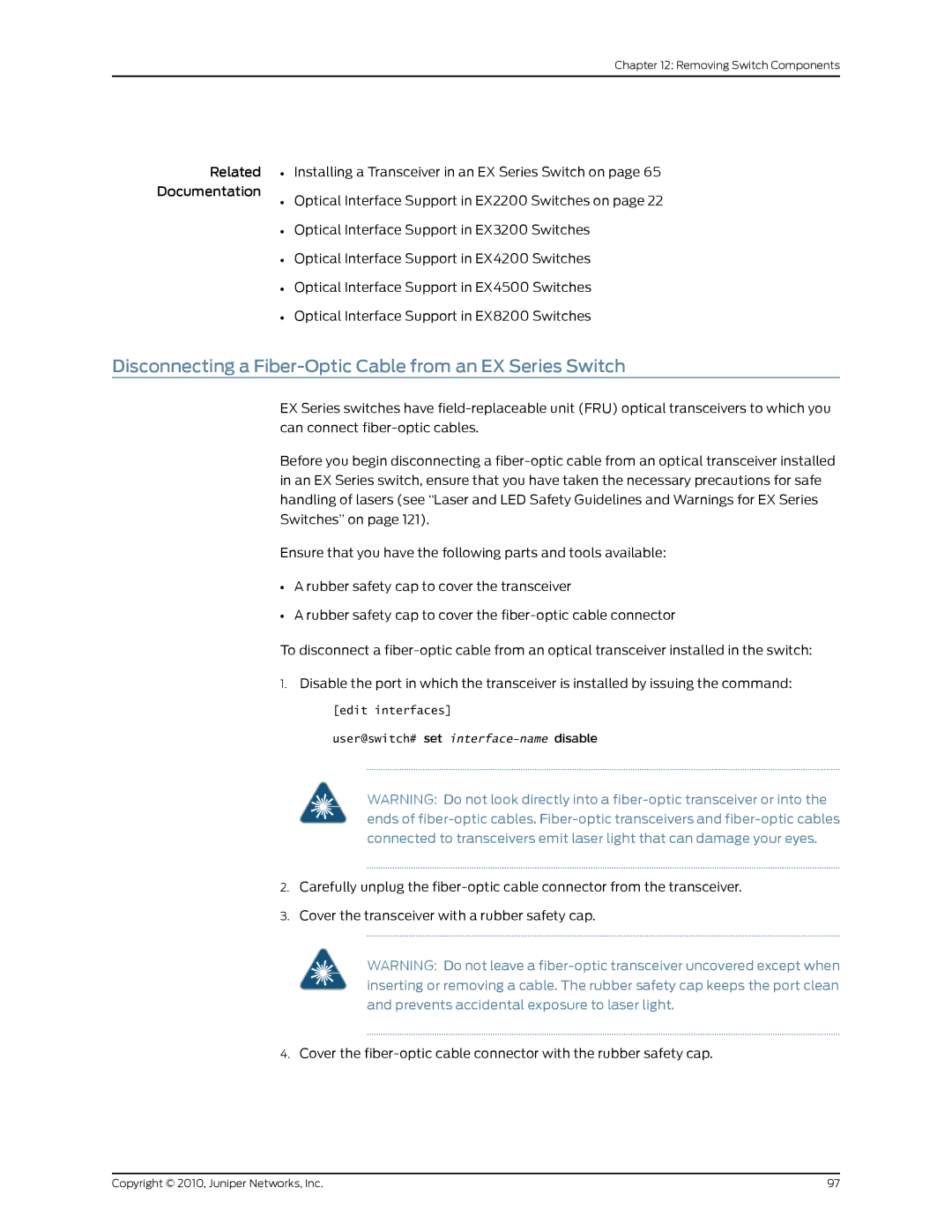 Juniper Networks EX2200 manual Disconnecting a Fiber-Optic Cable from an EX Series Switch 