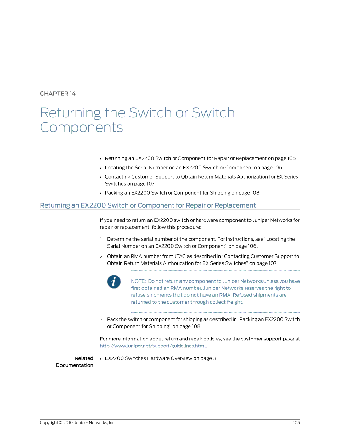 Juniper Networks EX2200 manual Returning the Switch or Switch Components 