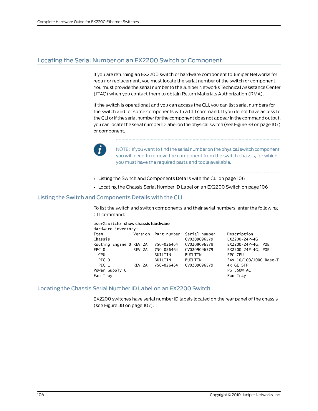 Juniper Networks manual Locating the Serial Number on an EX2200 Switch or Component 