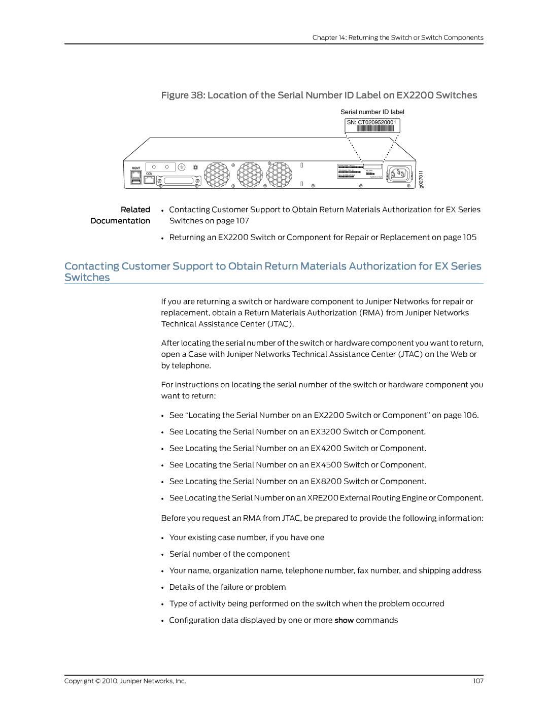 Juniper Networks manual Location of the Serial Number ID Label on EX2200 Switches 