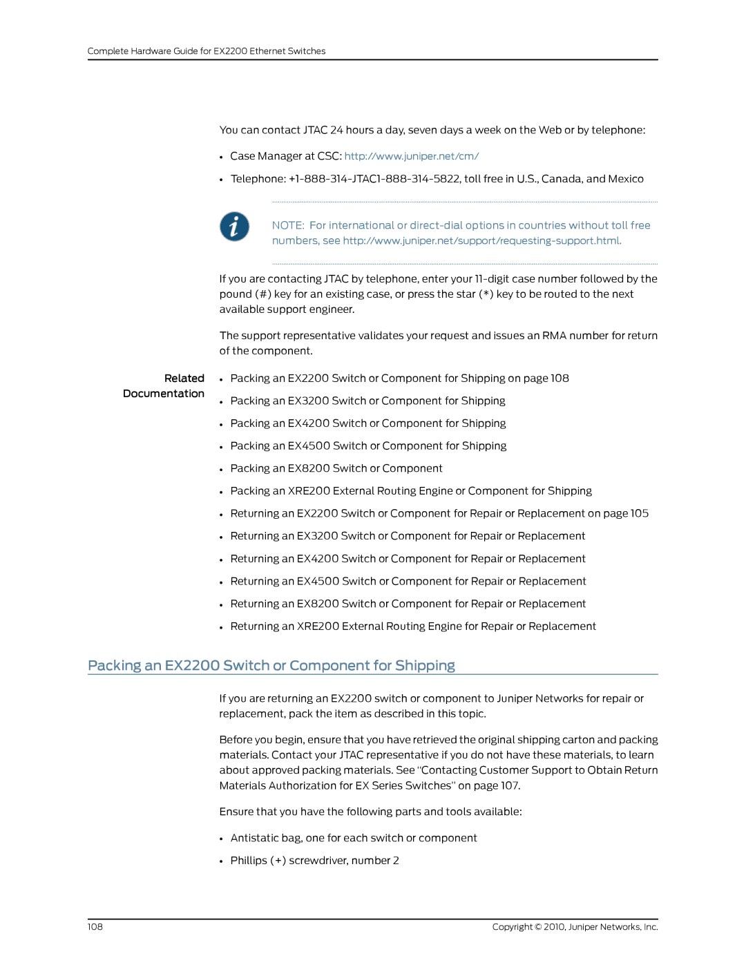 Juniper Networks manual Packing an EX2200 Switch or Component for Shipping 