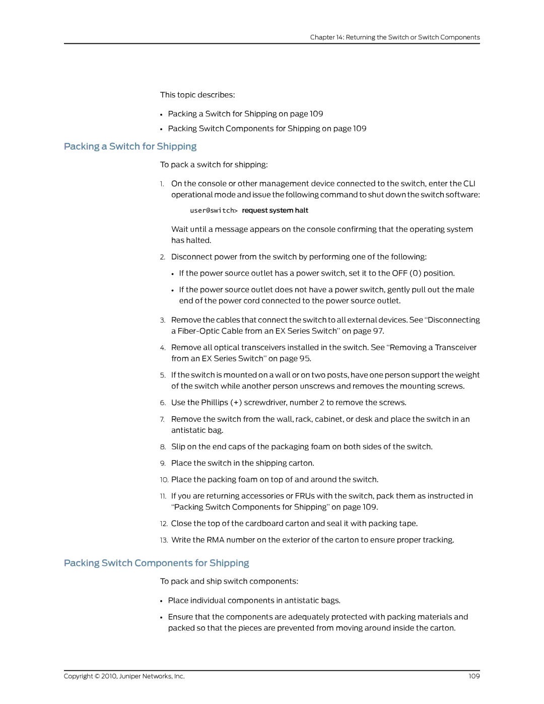 Juniper Networks EX2200 manual Packing a Switch for Shipping, Packing Switch Components for Shipping 