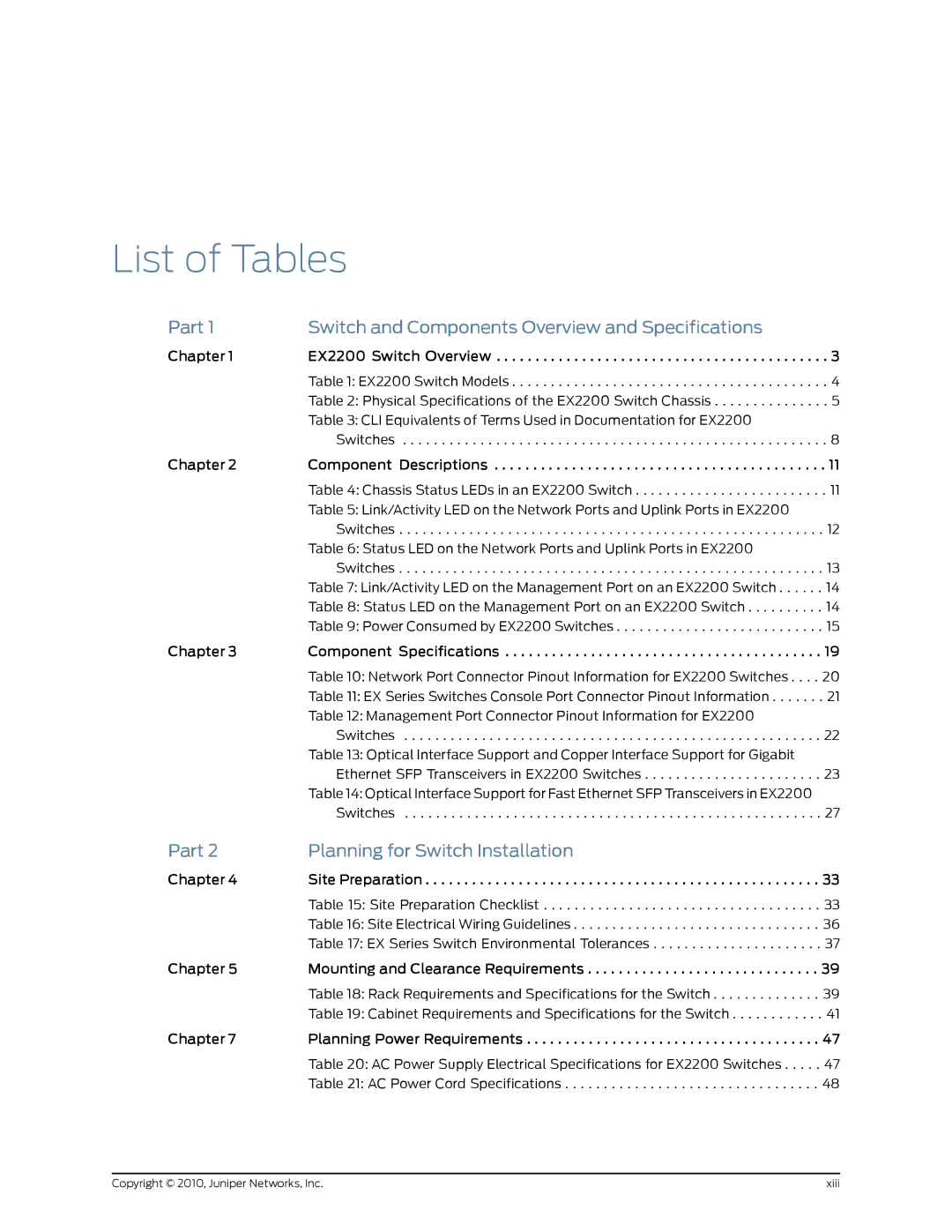 Juniper Networks EX2200 manual List of Tables 