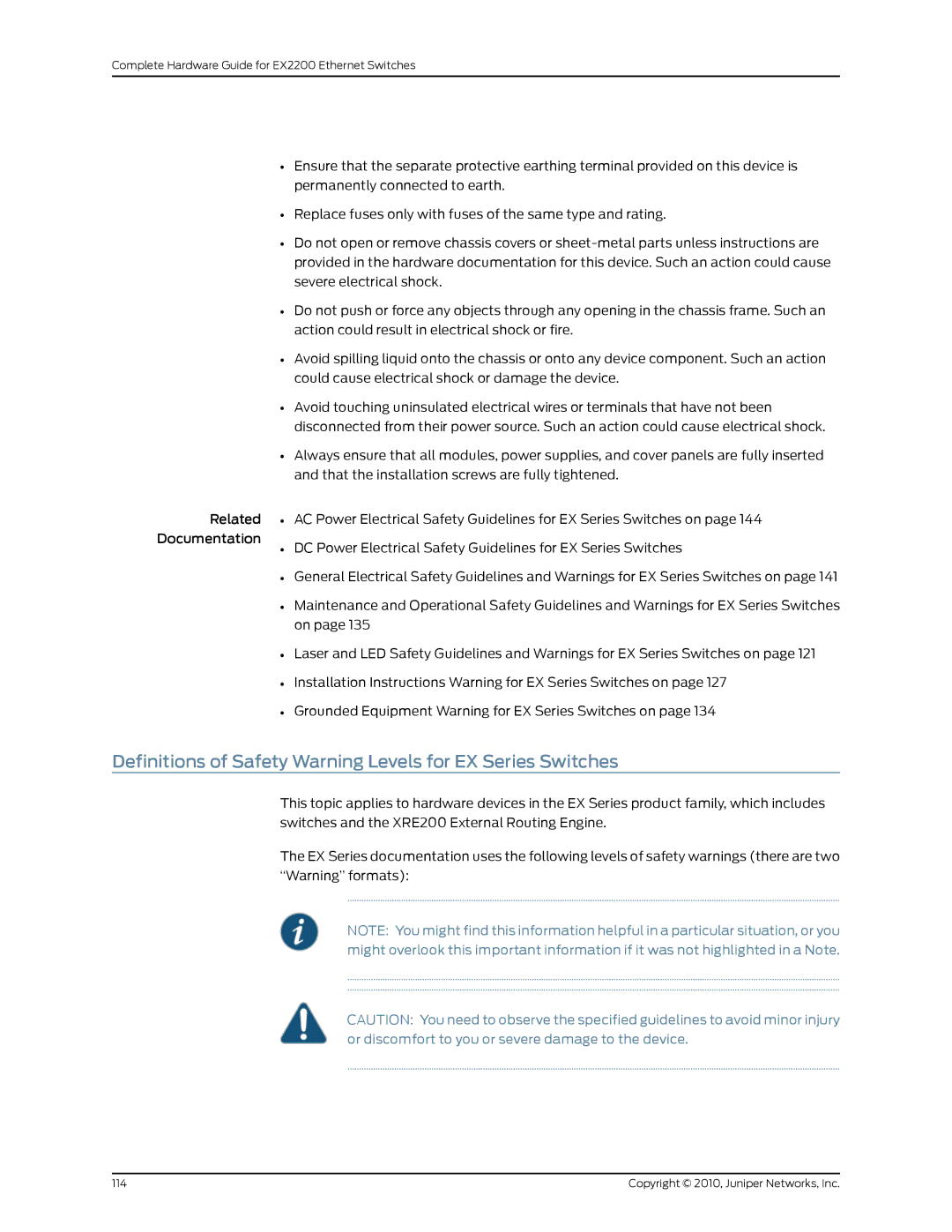 Juniper Networks EX2200 manual Definitions of Safety Warning Levels for EX Series Switches 