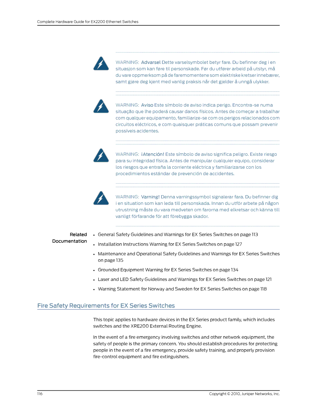 Juniper Networks EX2200 manual Fire Safety Requirements for EX Series Switches 