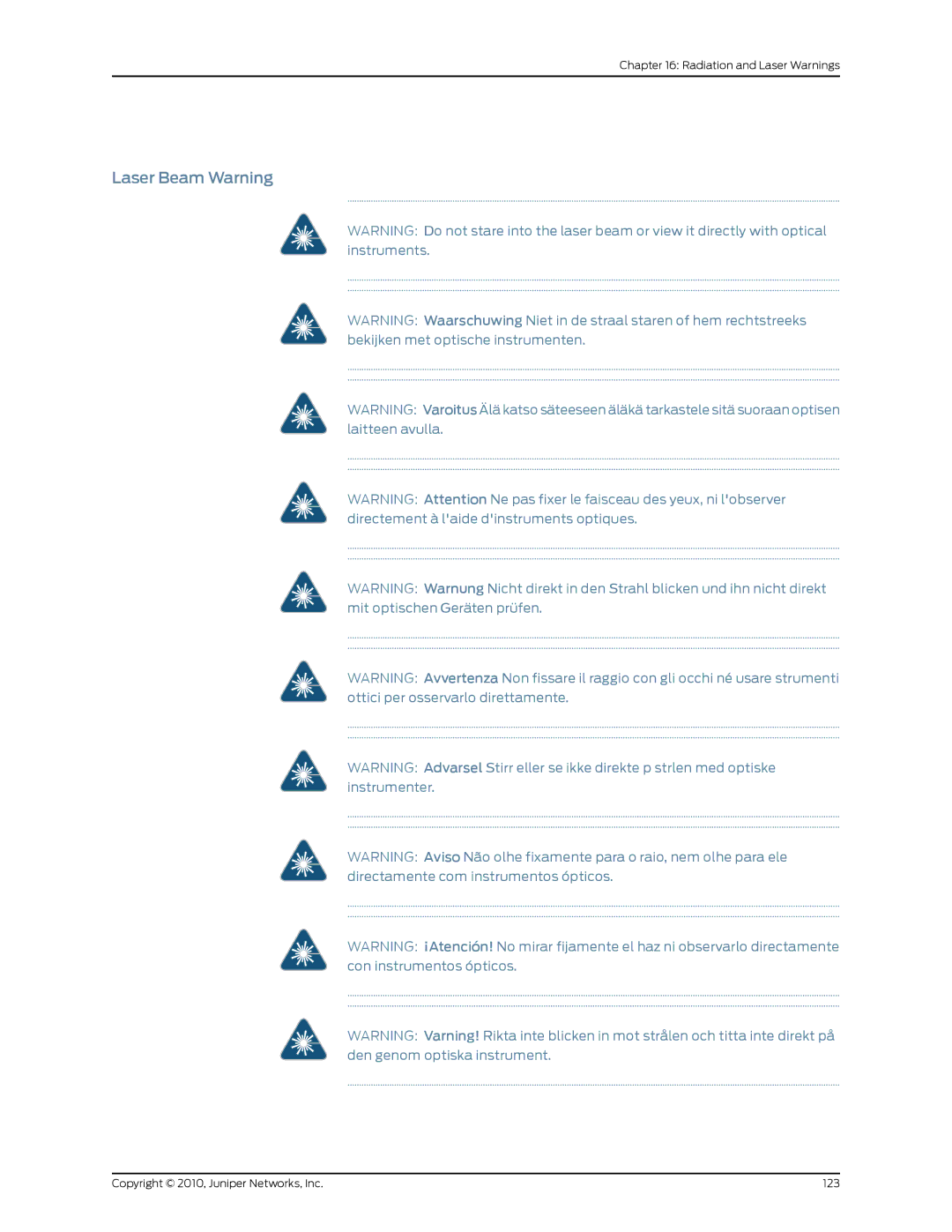 Juniper Networks EX2200 manual Laser Beam Warning 