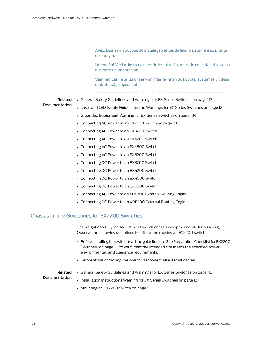 Juniper Networks manual Chassis Lifting Guidelines for EX2200 Switches 