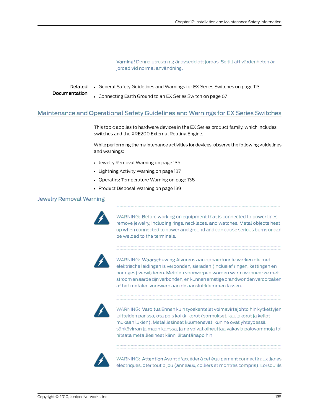 Juniper Networks EX2200 manual Jewelry Removal Warning 