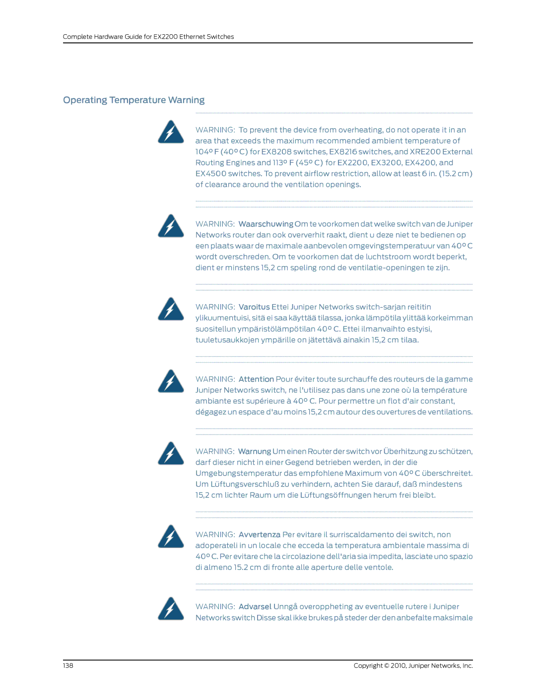 Juniper Networks EX2200 manual Operating Temperature Warning 