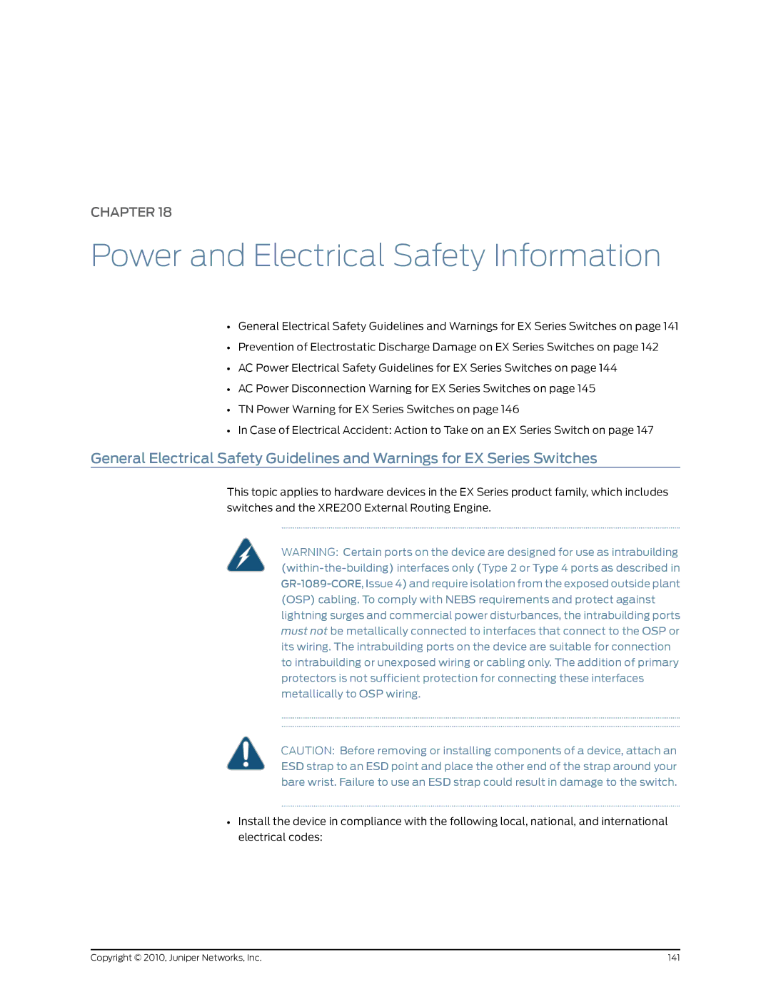 Juniper Networks EX2200 manual Power and Electrical Safety Information 