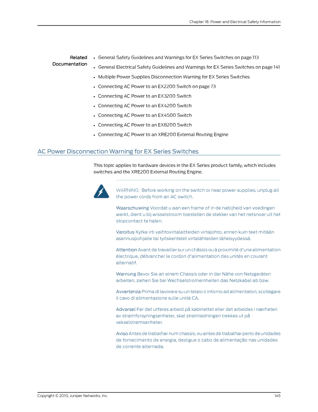 Juniper Networks EX2200 manual AC Power Disconnection Warning for EX Series Switches 