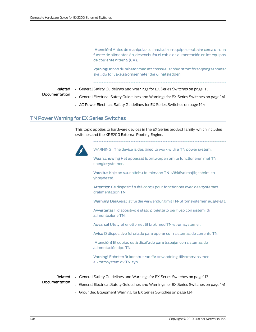 Juniper Networks EX2200 manual TN Power Warning for EX Series Switches 