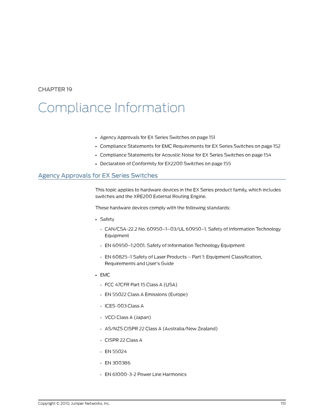 Juniper Networks EX2200 manual Agency Approvals for EX Series Switches, Emc 