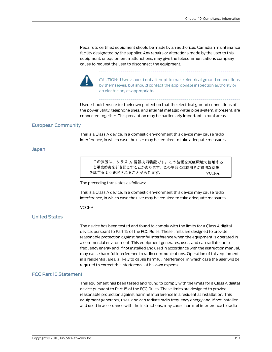 Juniper Networks EX2200 manual European Community, Japan, United States FCC Part 15 Statement 