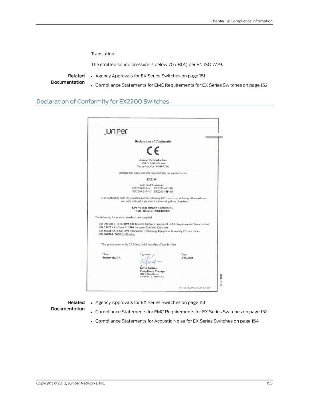 Juniper Networks manual Declaration of Conformity for EX2200 Switches 