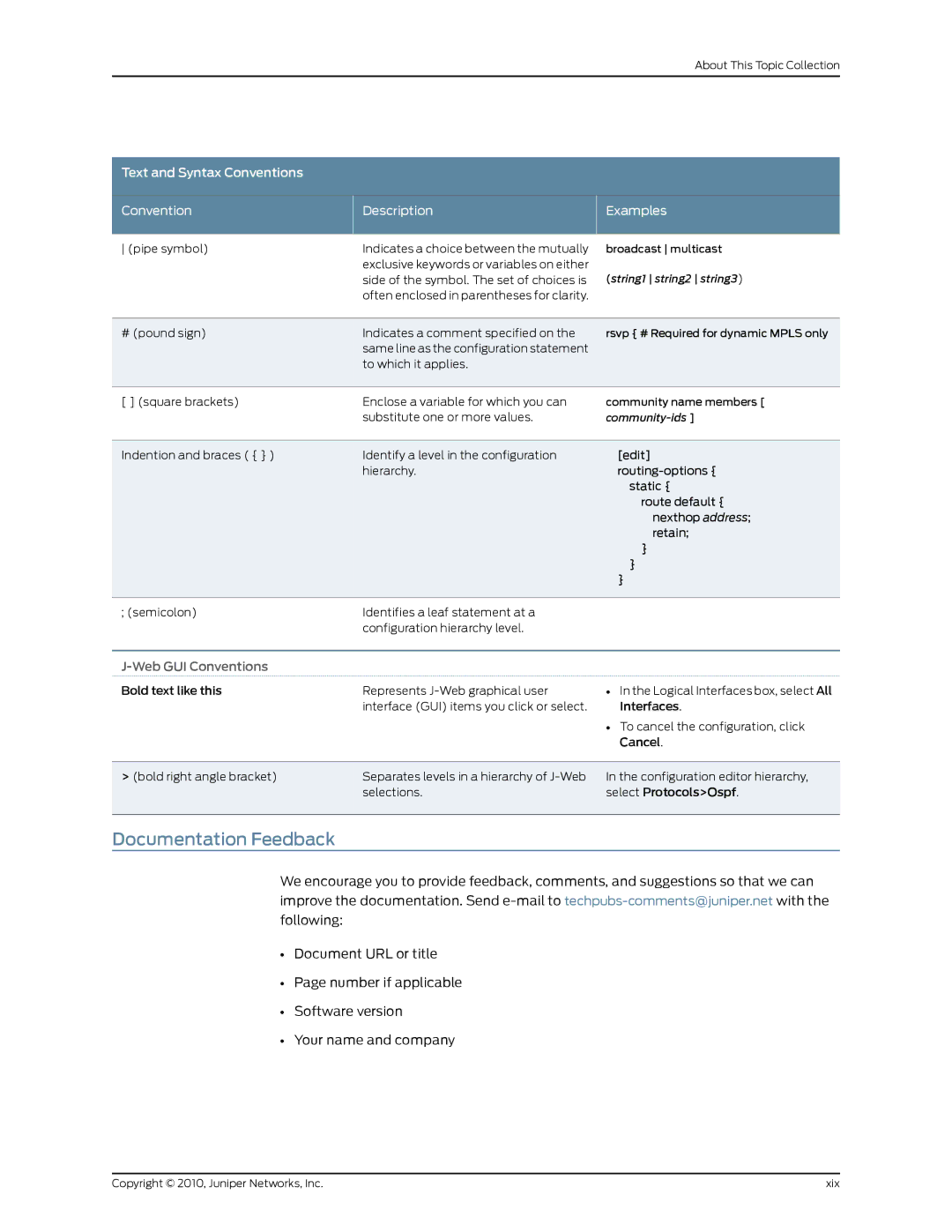 Juniper Networks EX2200 manual Documentation Feedback, Text and Syntax Conventions Description Examples 