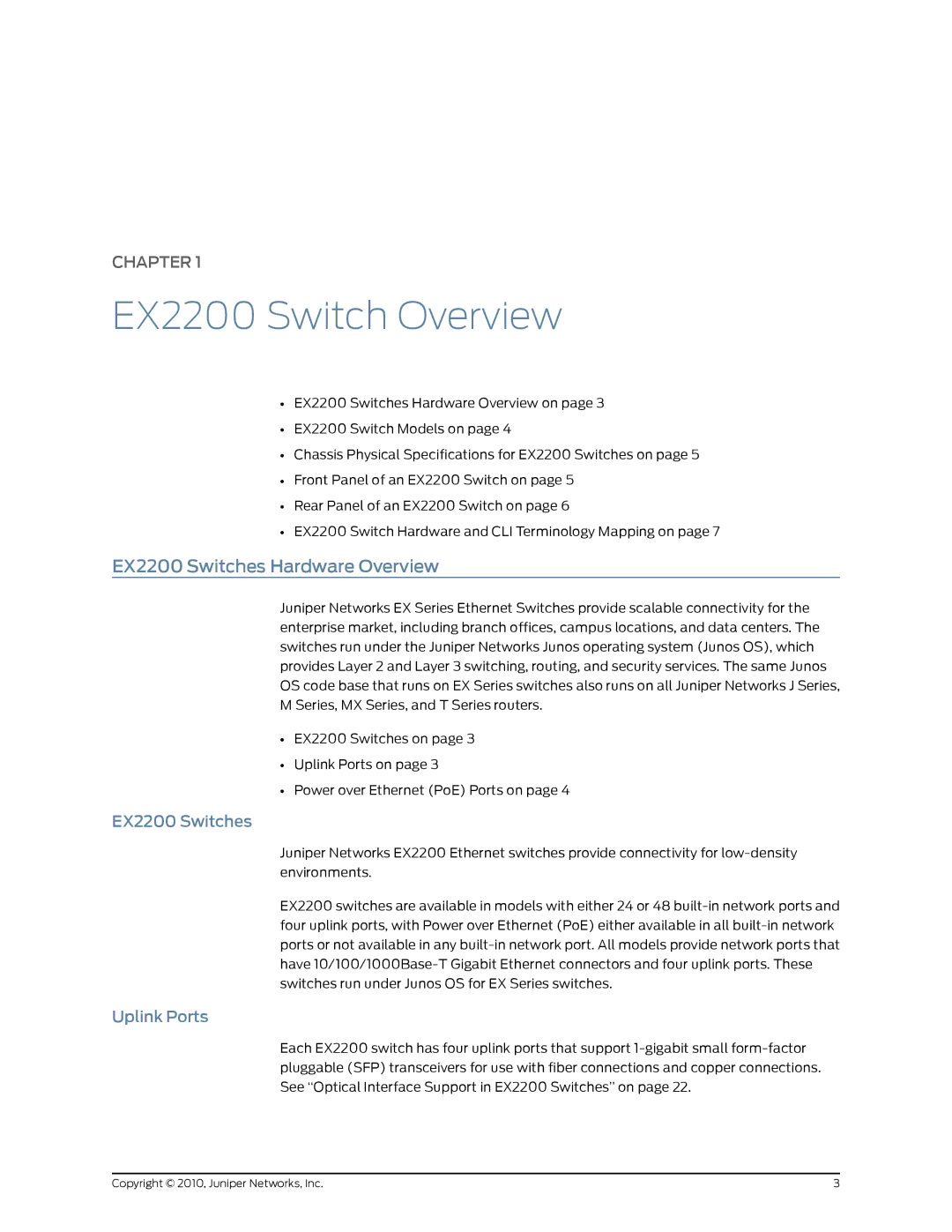 Juniper Networks manual EX2200 Switch Overview, EX2200 Switches Hardware Overview, Uplink Ports 