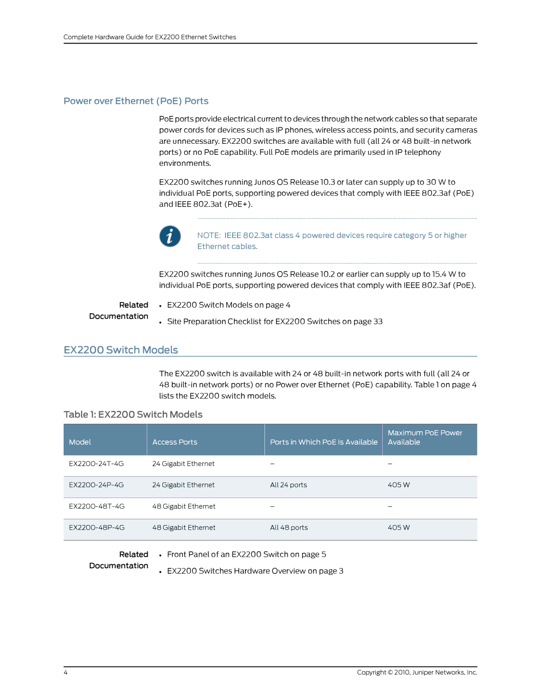 Juniper Networks manual EX2200 Switch Models, Power over Ethernet PoE Ports, Maximum PoE Power 