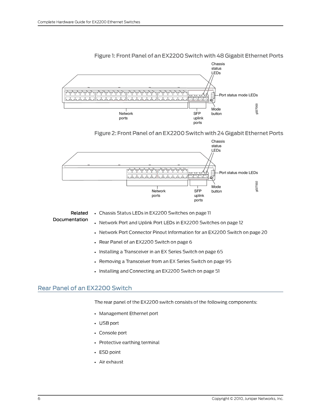 Juniper Networks manual Rear Panel of an EX2200 Switch, Chassis status LEDs 