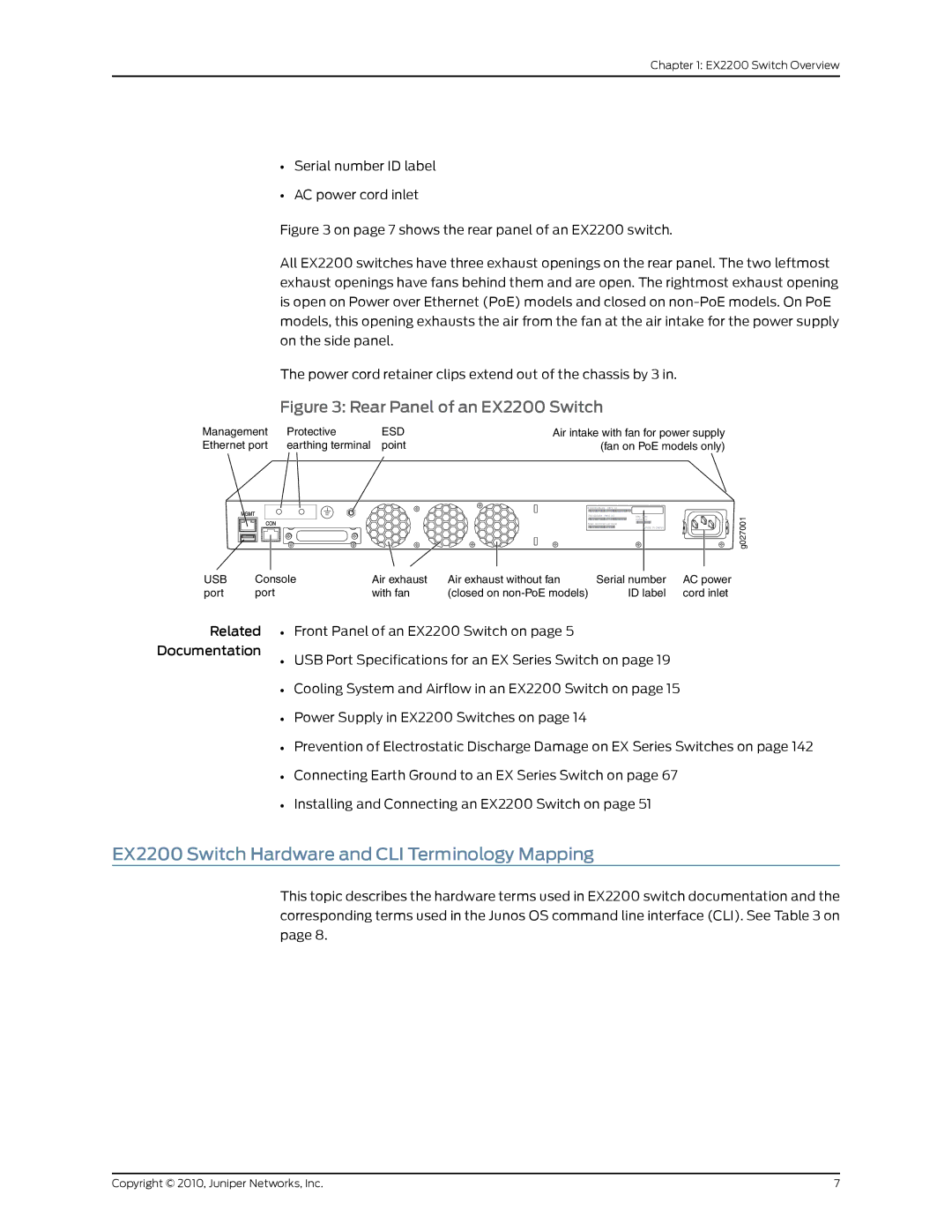 Juniper Networks manual EX2200 Switch Hardware and CLI Terminology Mapping, Rear Panel of an EX2200 Switch 