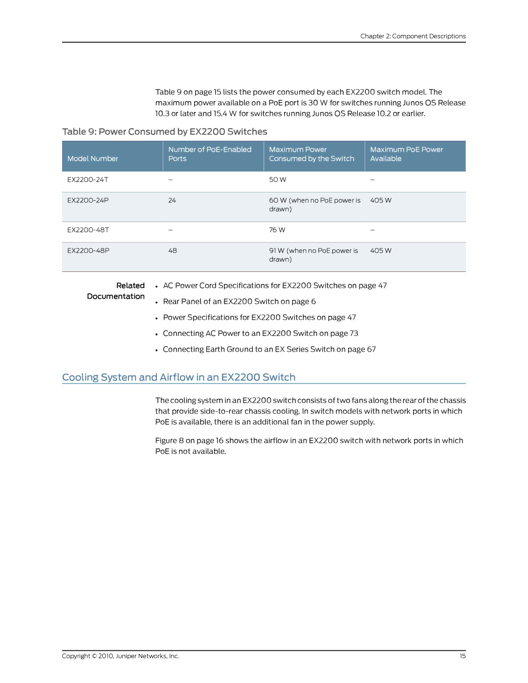 Juniper Networks manual Cooling System and Airflow in an EX2200 Switch, Power Consumed by EX2200 Switches 