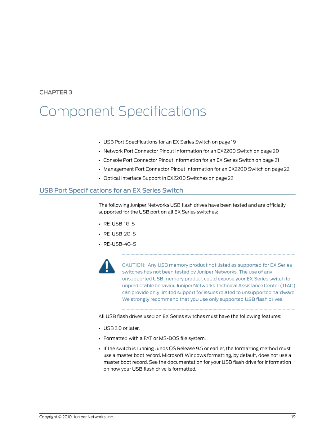 Juniper Networks EX2200 manual Component Specifications, USB Port Specifications for an EX Series Switch 