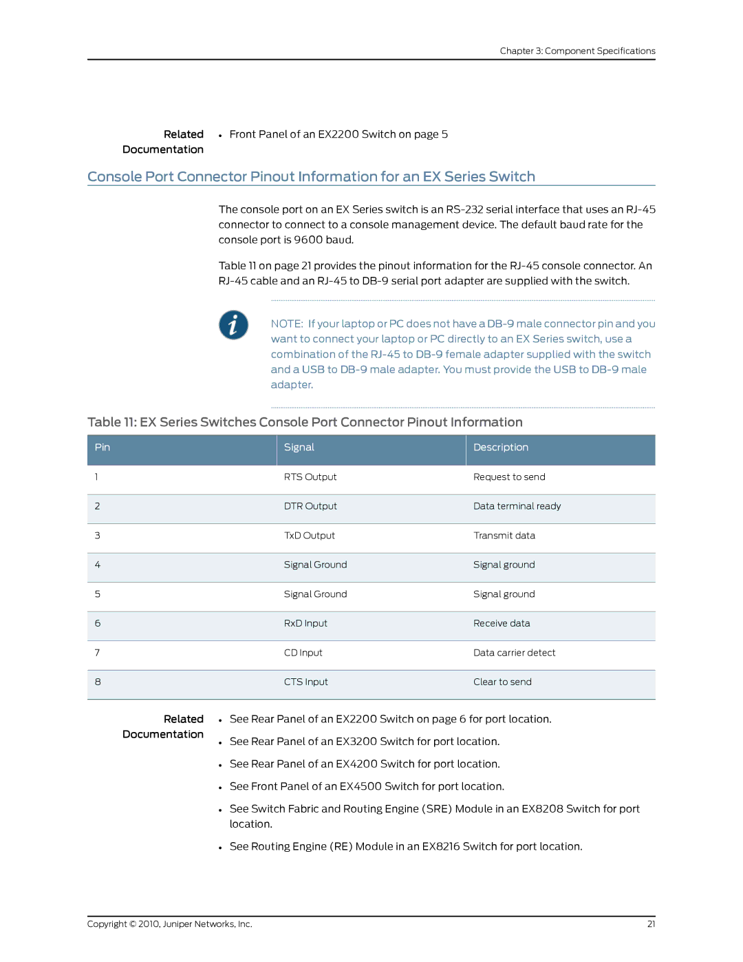 Juniper Networks EX2200 manual EX Series Switches Console Port Connector Pinout Information 