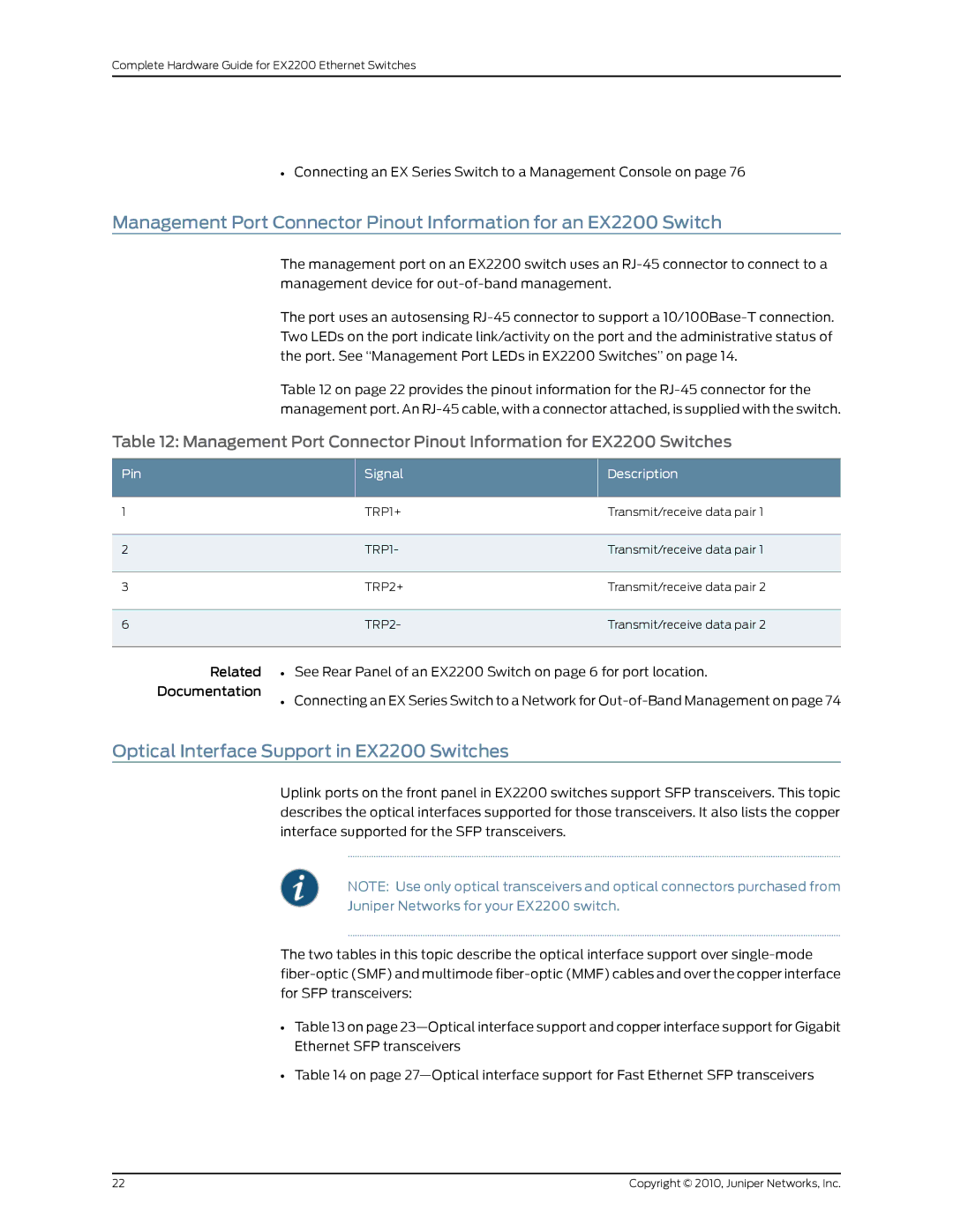 Juniper Networks manual Optical Interface Support in EX2200 Switches, Juniper Networks for your EX2200 switch 