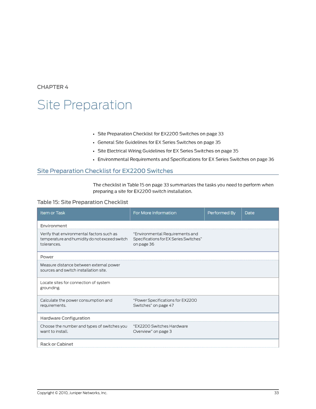 Juniper Networks manual Site Preparation Checklist for EX2200 Switches, Item or Task 