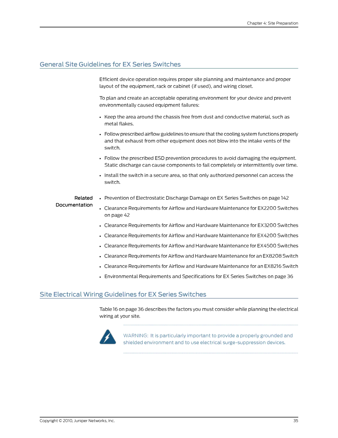 Juniper Networks EX2200 manual General Site Guidelines for EX Series Switches 