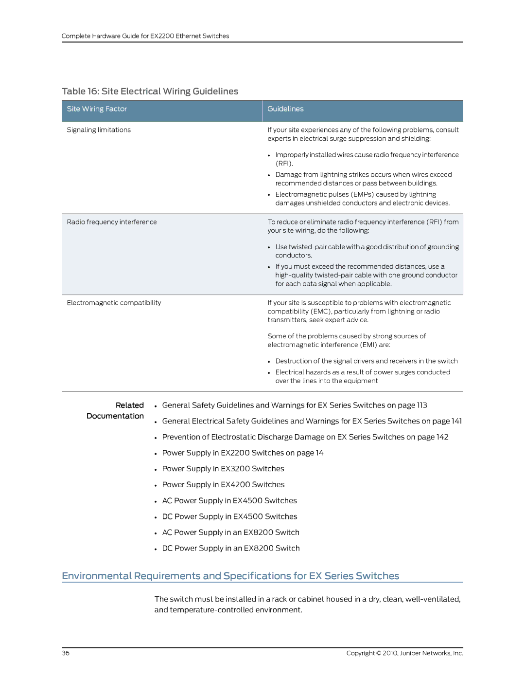 Juniper Networks EX2200 manual Site Electrical Wiring Guidelines, Site Wiring Factor Guidelines 