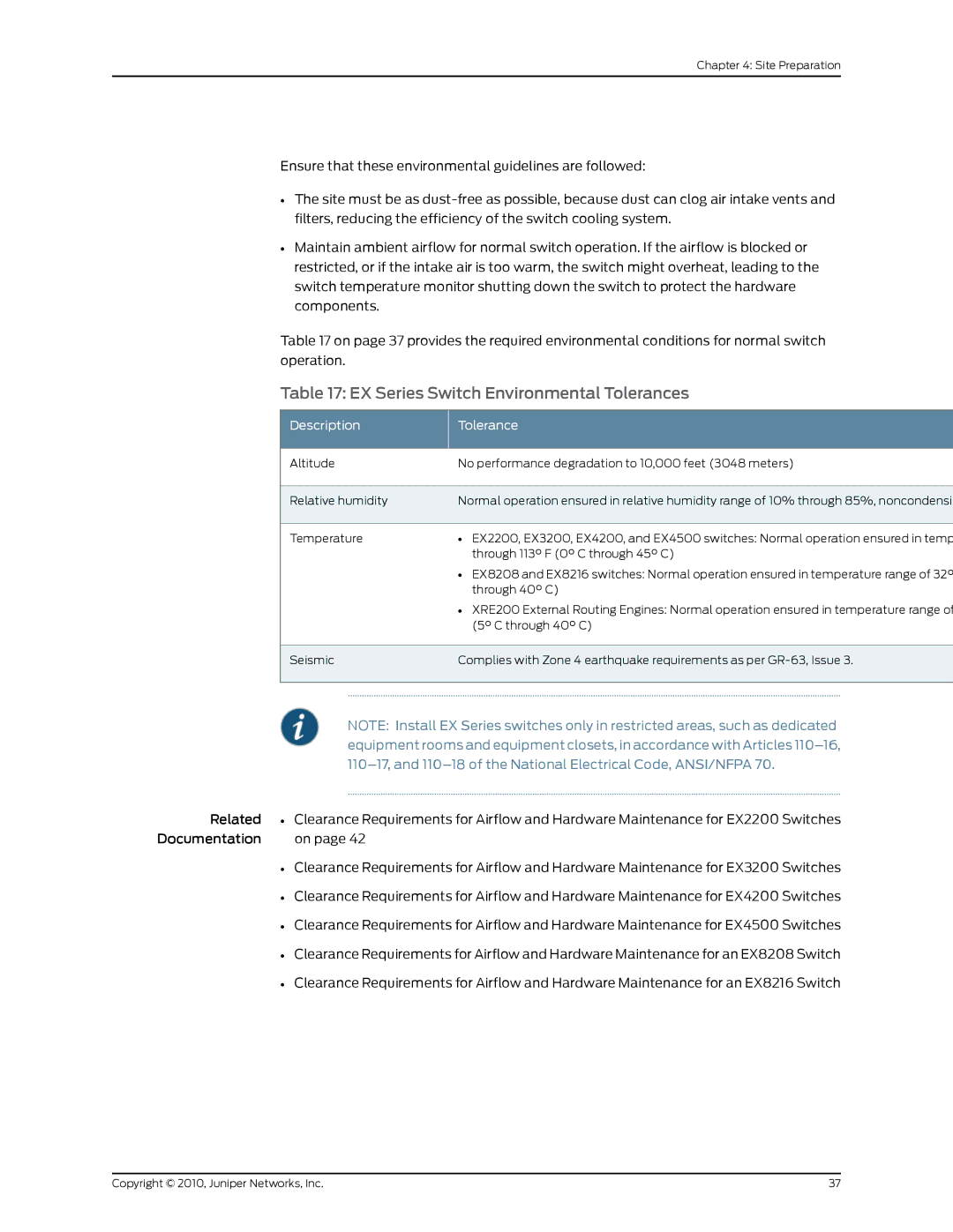 Juniper Networks EX2200 manual EX Series Switch Environmental Tolerances, Description Tolerance 