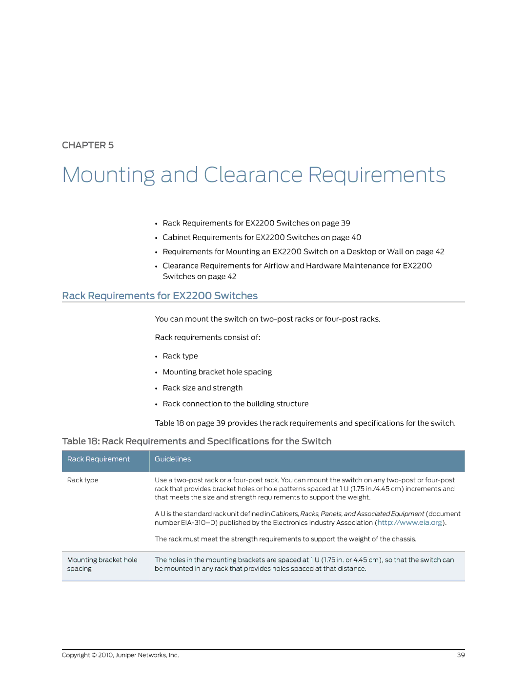 Juniper Networks manual Mounting and Clearance Requirements, Rack Requirements for EX2200 Switches 