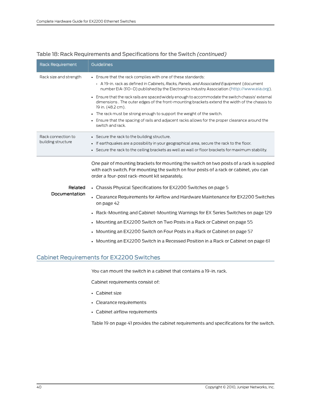 Juniper Networks manual Cabinet Requirements for EX2200 Switches, Rack Requirement 