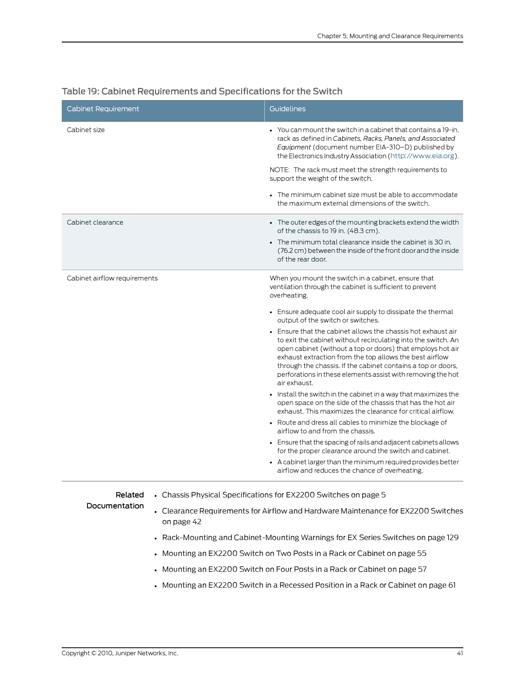 Juniper Networks EX2200 manual Cabinet Requirements and Specifications for the Switch, Cabinet Requirement Guidelines 