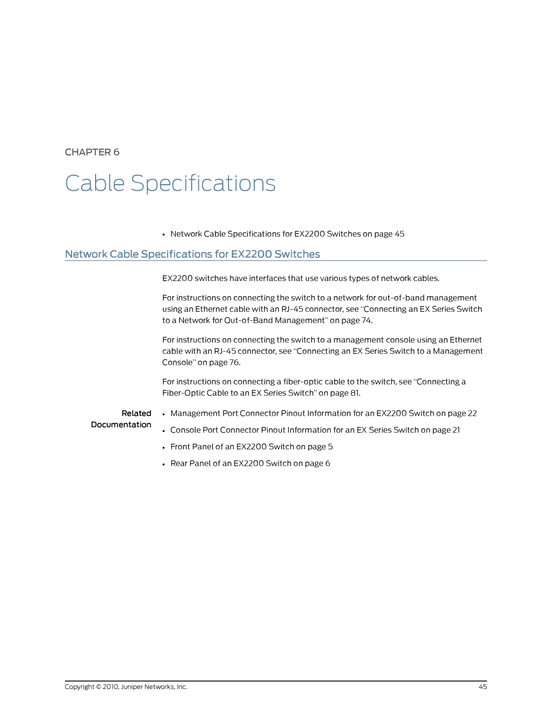 Juniper Networks manual Network Cable Specifications for EX2200 Switches 