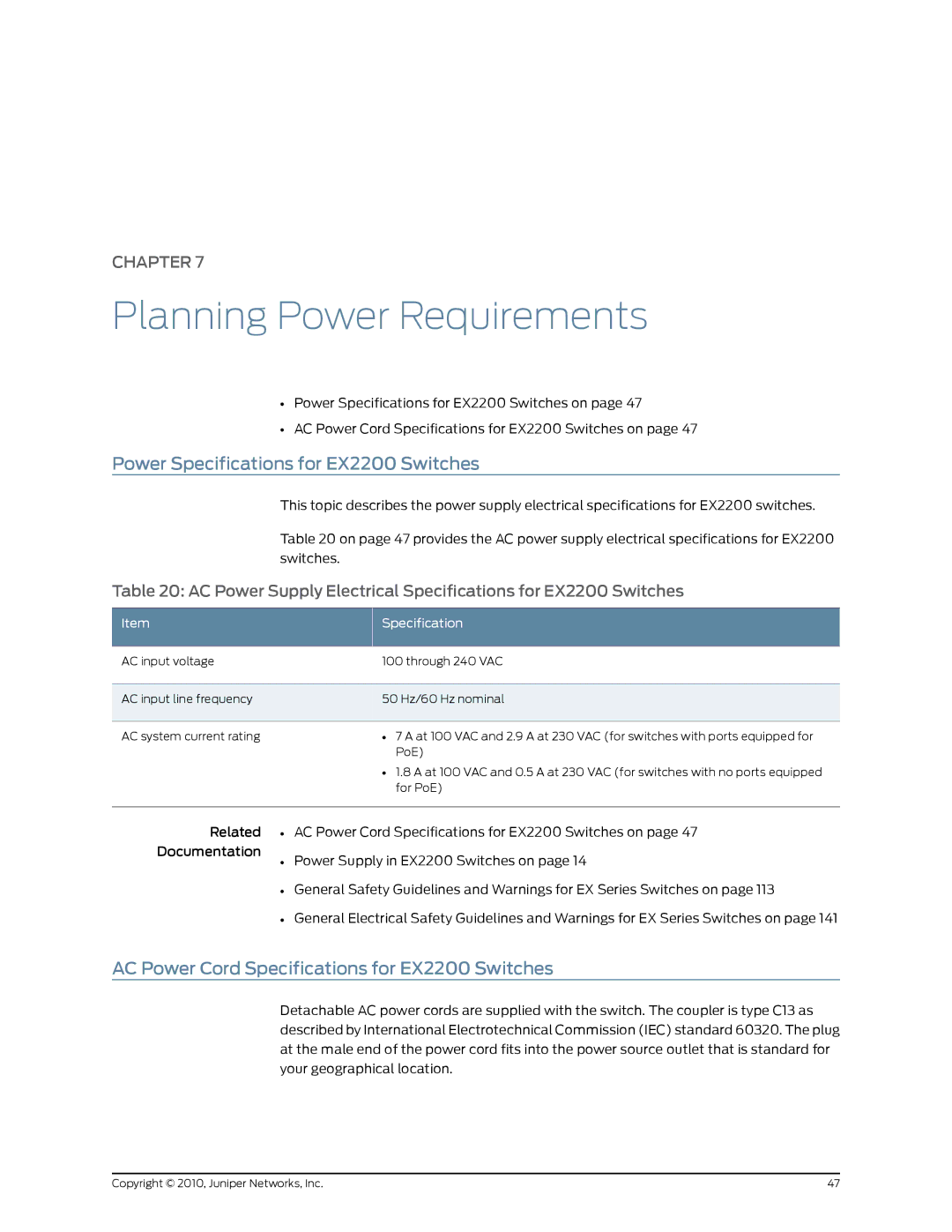 Juniper Networks manual Planning Power Requirements, Power Specifications for EX2200 Switches 