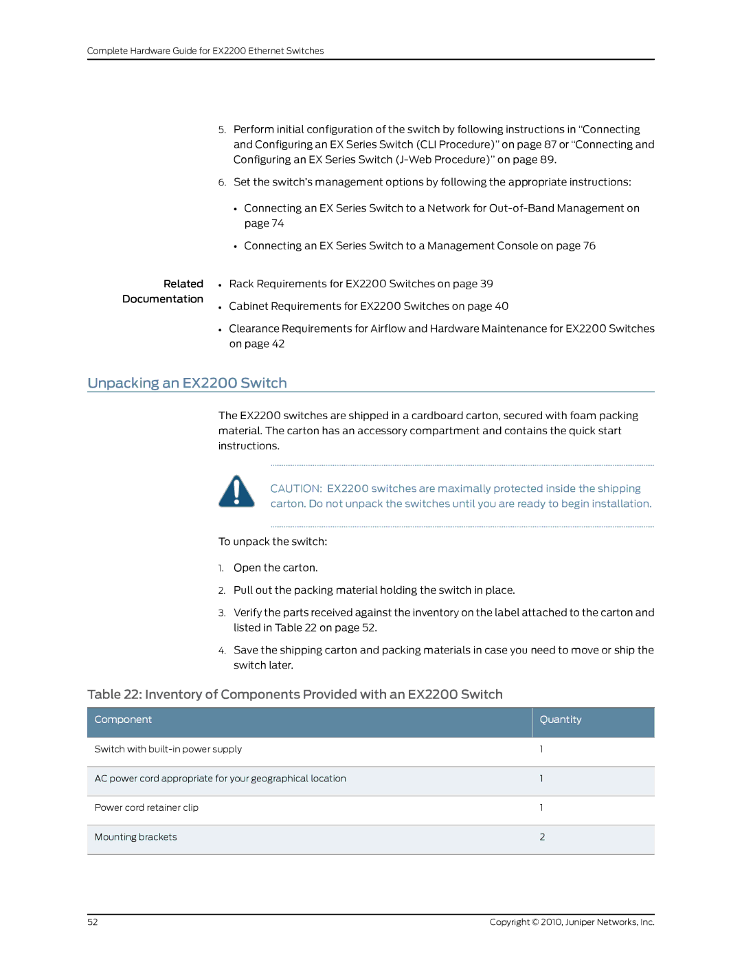 Juniper Networks Unpacking an EX2200 Switch, Inventory of Components Provided with an EX2200 Switch, Component Quantity 