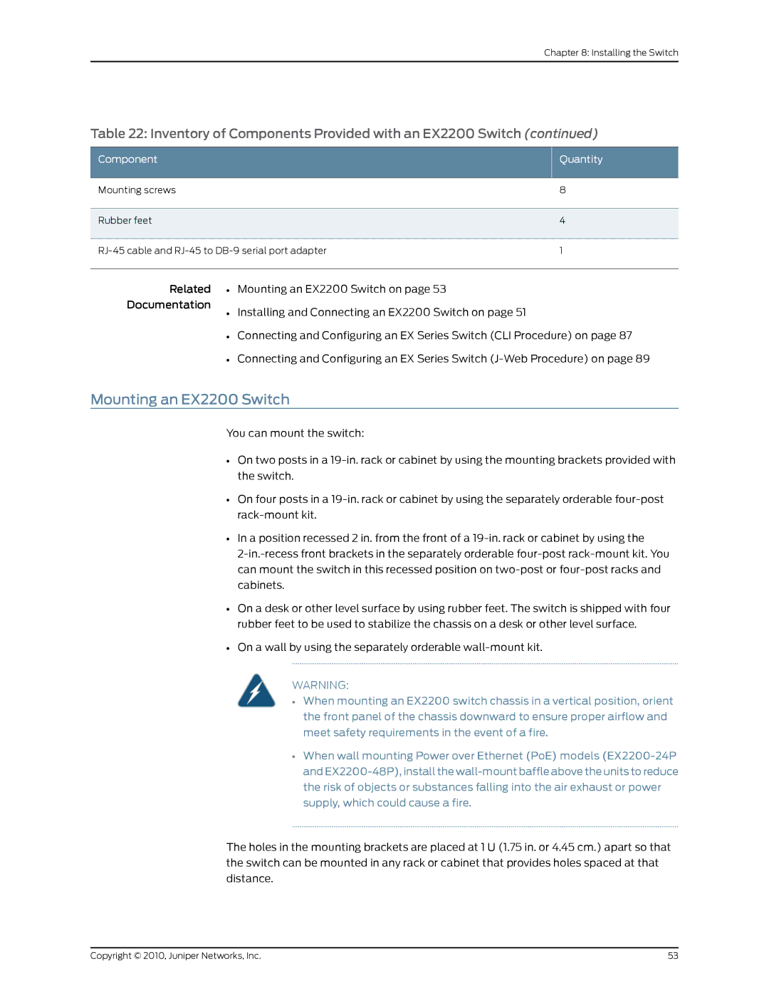 Juniper Networks manual Mounting an EX2200 Switch 