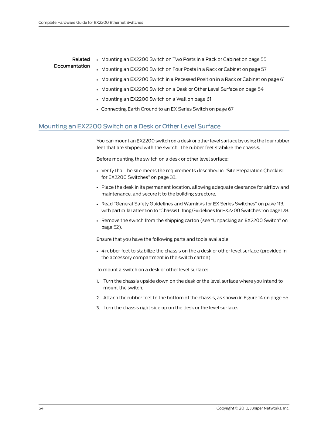 Juniper Networks manual Mounting an EX2200 Switch on a Desk or Other Level Surface 