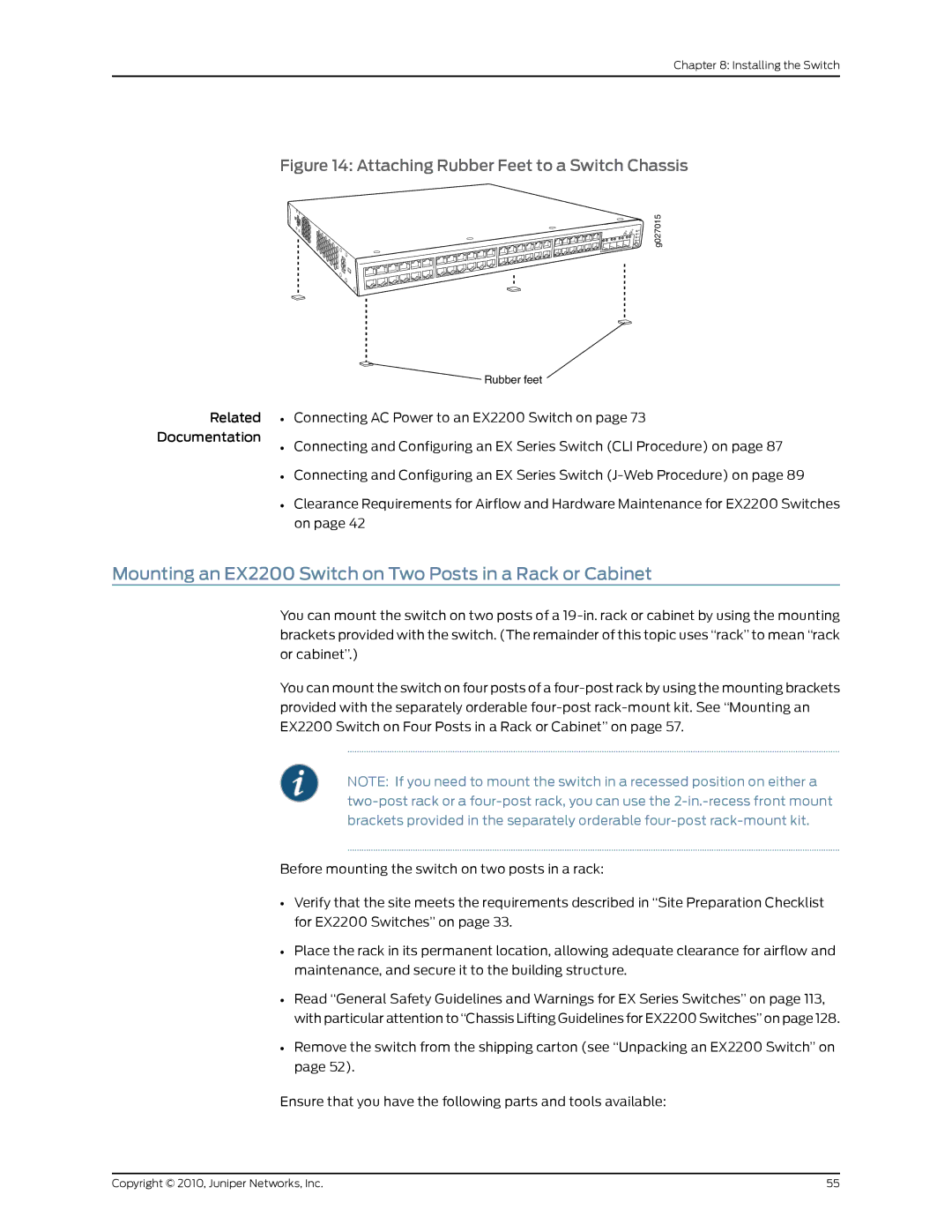 Juniper Networks Mounting an EX2200 Switch on Two Posts in a Rack or Cabinet, Attaching Rubber Feet to a Switch Chassis 