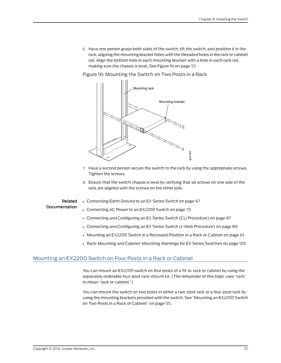 Juniper Networks manual Mounting an EX2200 Switch on Four Posts in a Rack or Cabinet 