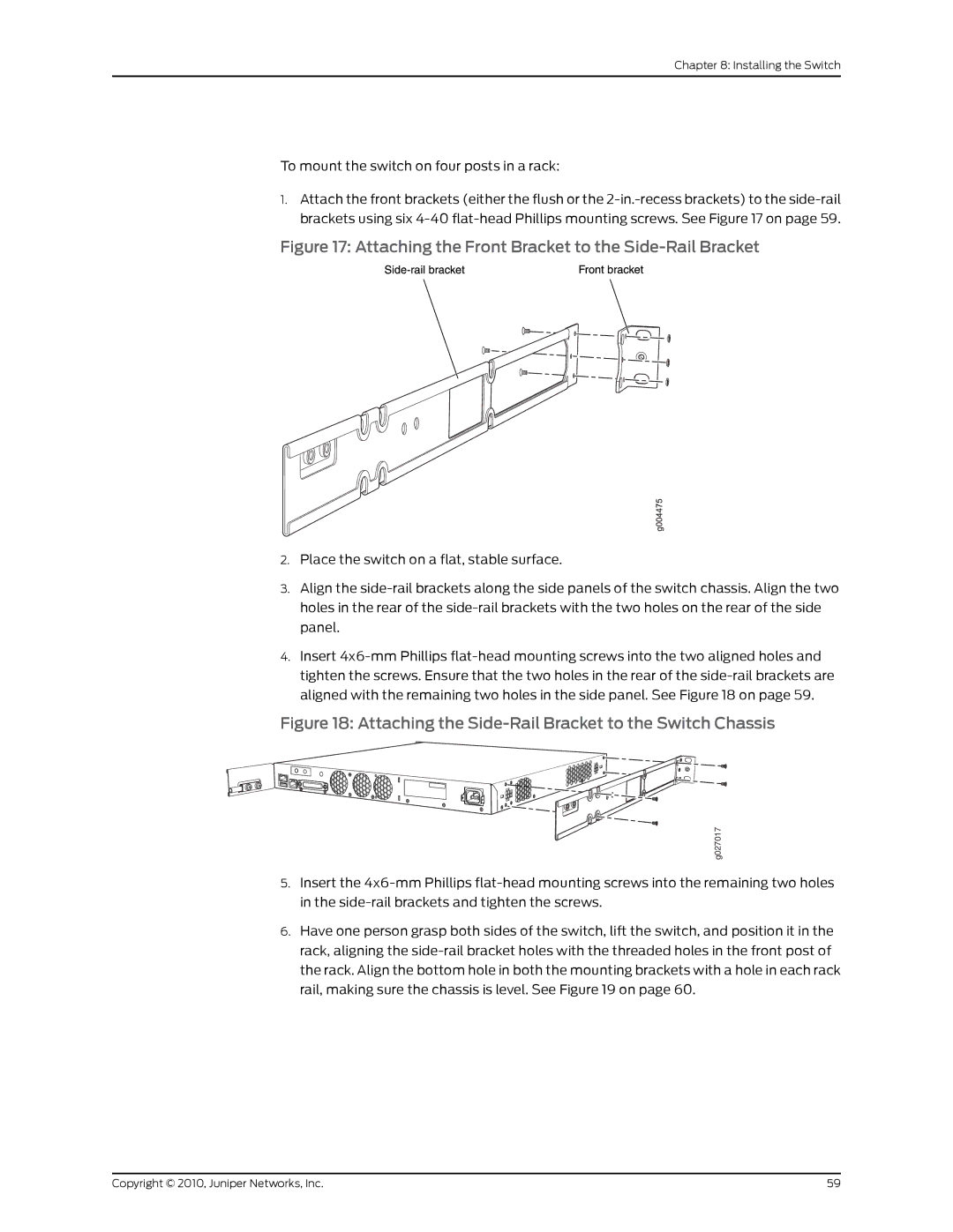 Juniper Networks EX2200 manual Attaching the Front Bracket to the Side-Rail Bracket 