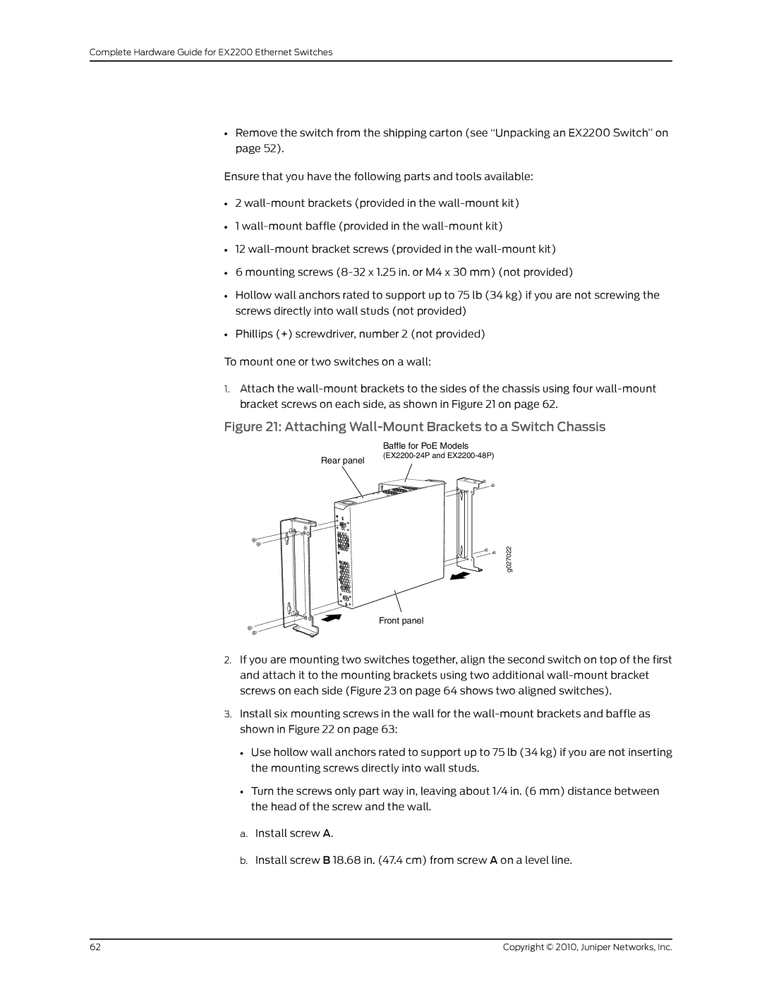 Juniper Networks EX2200 manual Attaching Wall-Mount Brackets to a Switch Chassis 