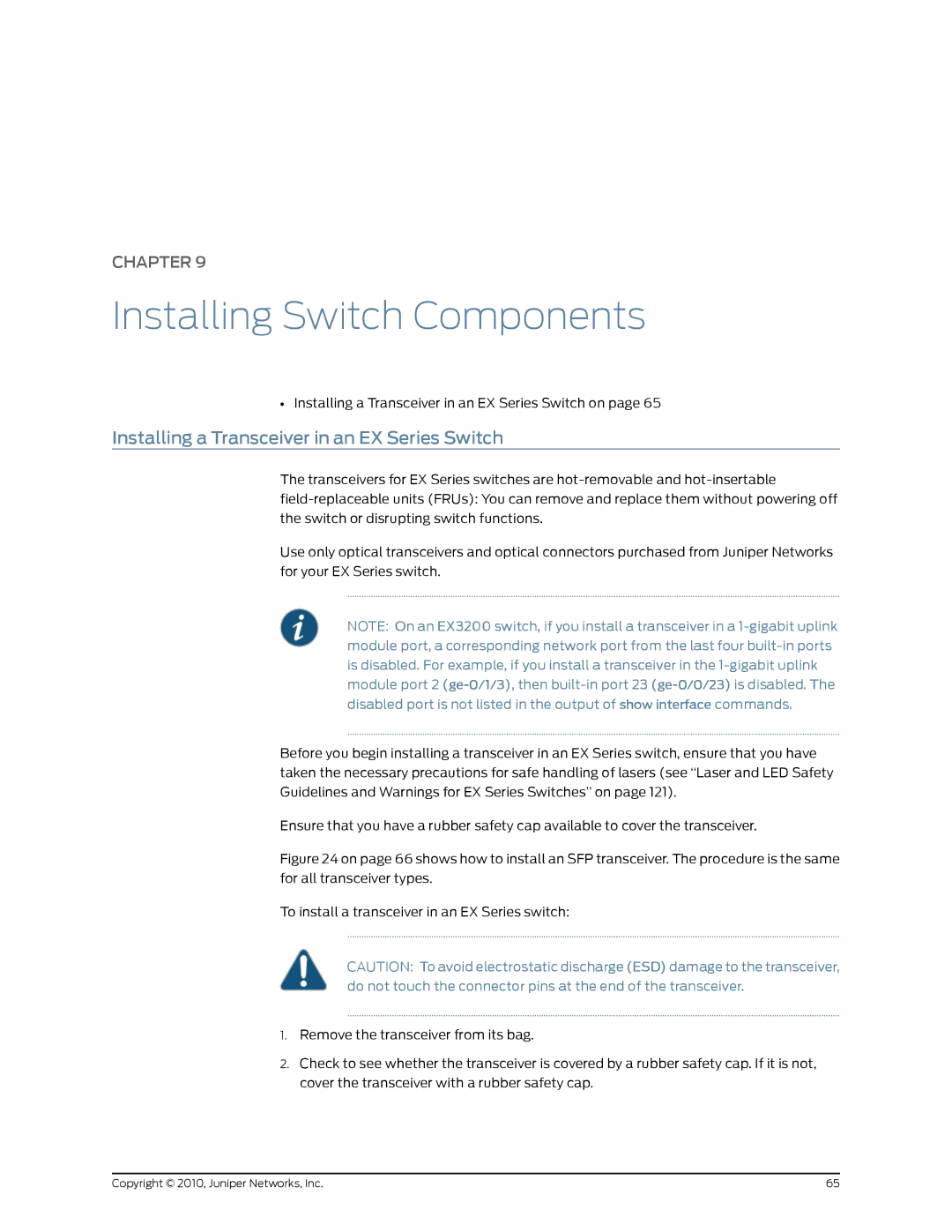 Juniper Networks EX2200 manual Installing Switch Components, Installing a Transceiver in an EX Series Switch 