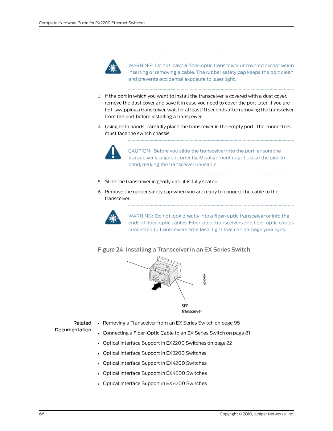 Juniper Networks EX2200 manual Installing a Transceiver in an EX Series Switch 