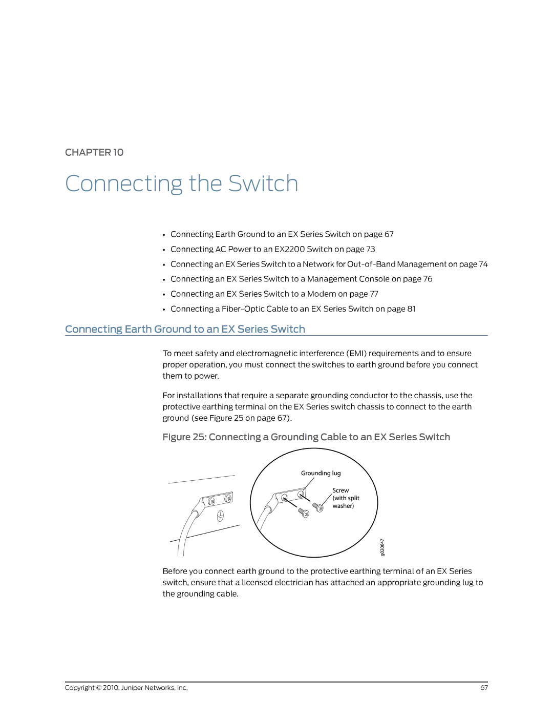 Juniper Networks EX2200 manual Connecting the Switch, Connecting Earth Ground to an EX Series Switch 