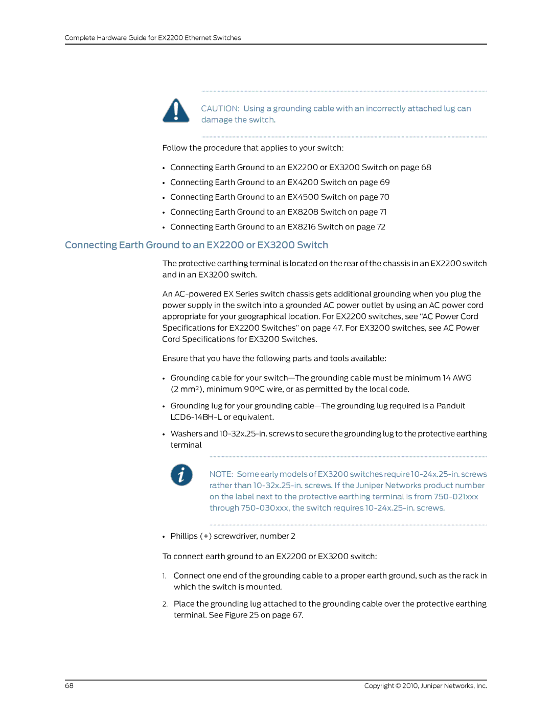 Juniper Networks manual Connecting Earth Ground to an EX2200 or EX3200 Switch 