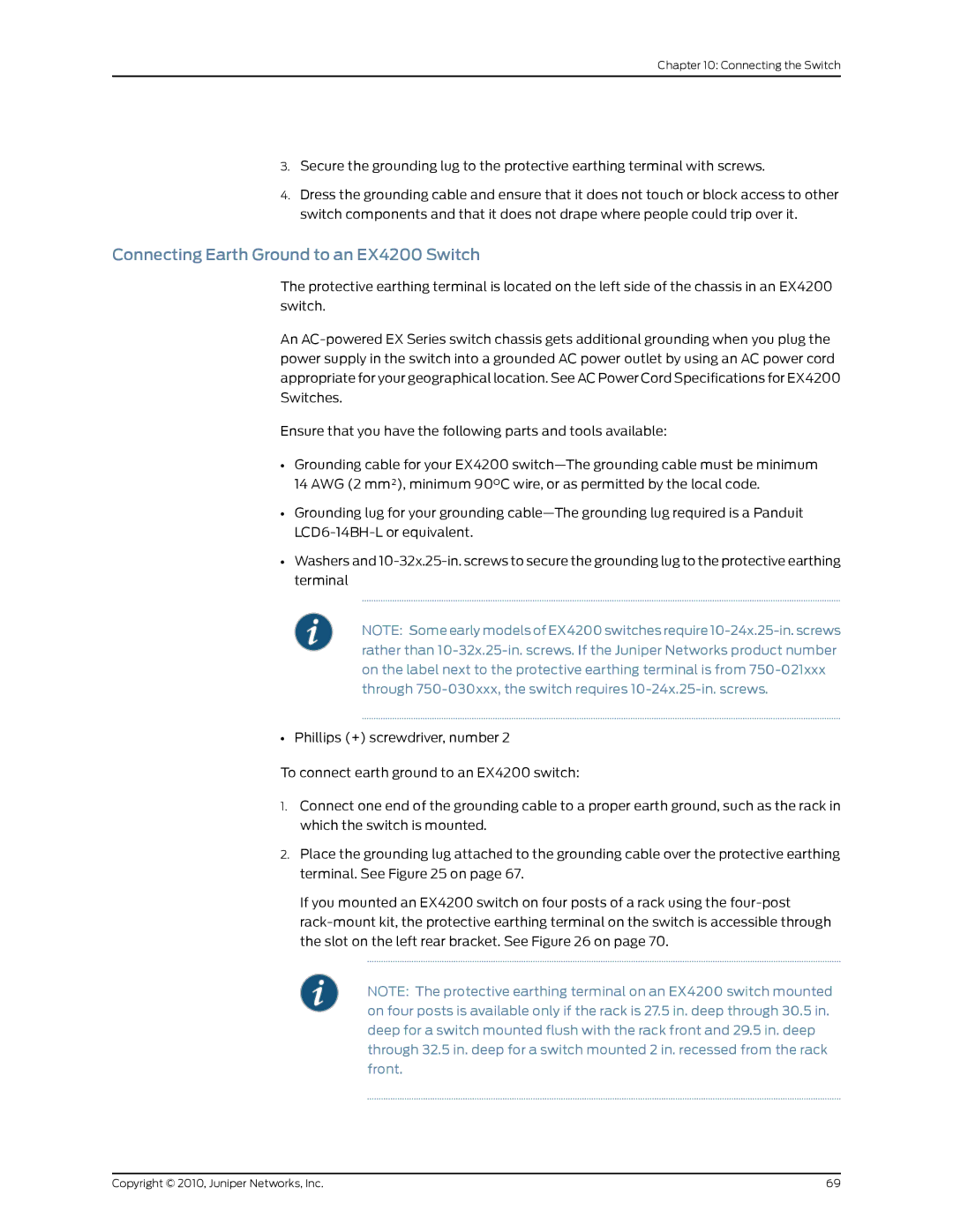 Juniper Networks EX2200 manual Connecting Earth Ground to an EX4200 Switch 